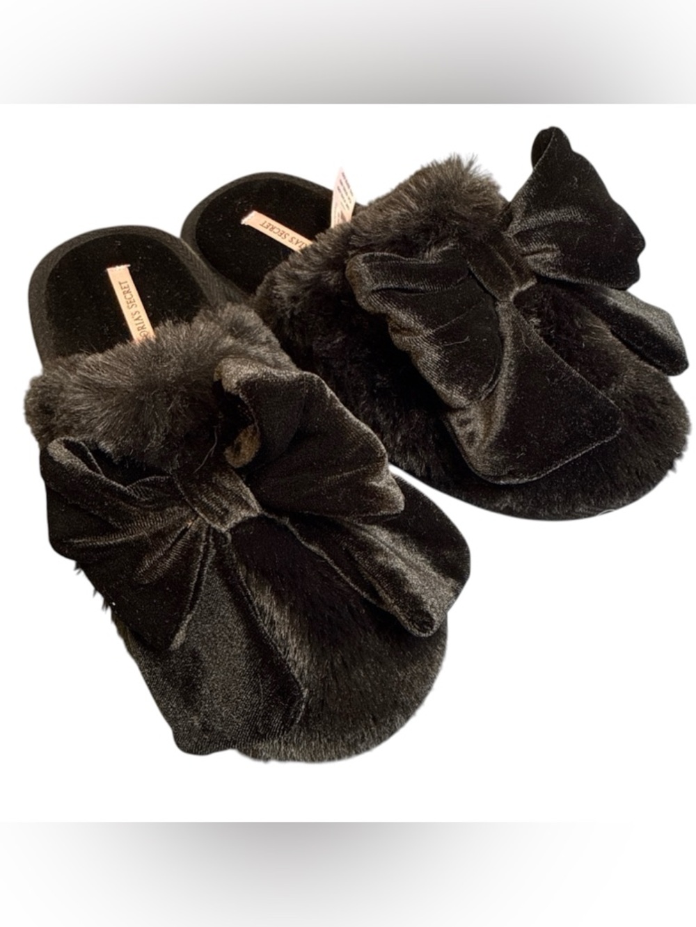 Victoria's Secret Pink Slipper Small Black Fuzzy Slides Bow Closed Toe Slip On